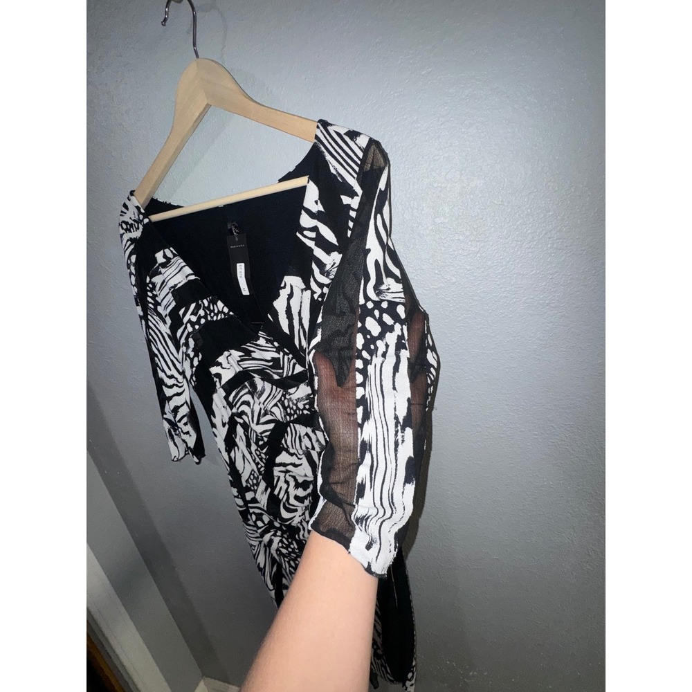 Elana Kattan Black White Abstract Animal Print Ruched Mesh Sleeve Dress M NWT - Picture 3 of 7
